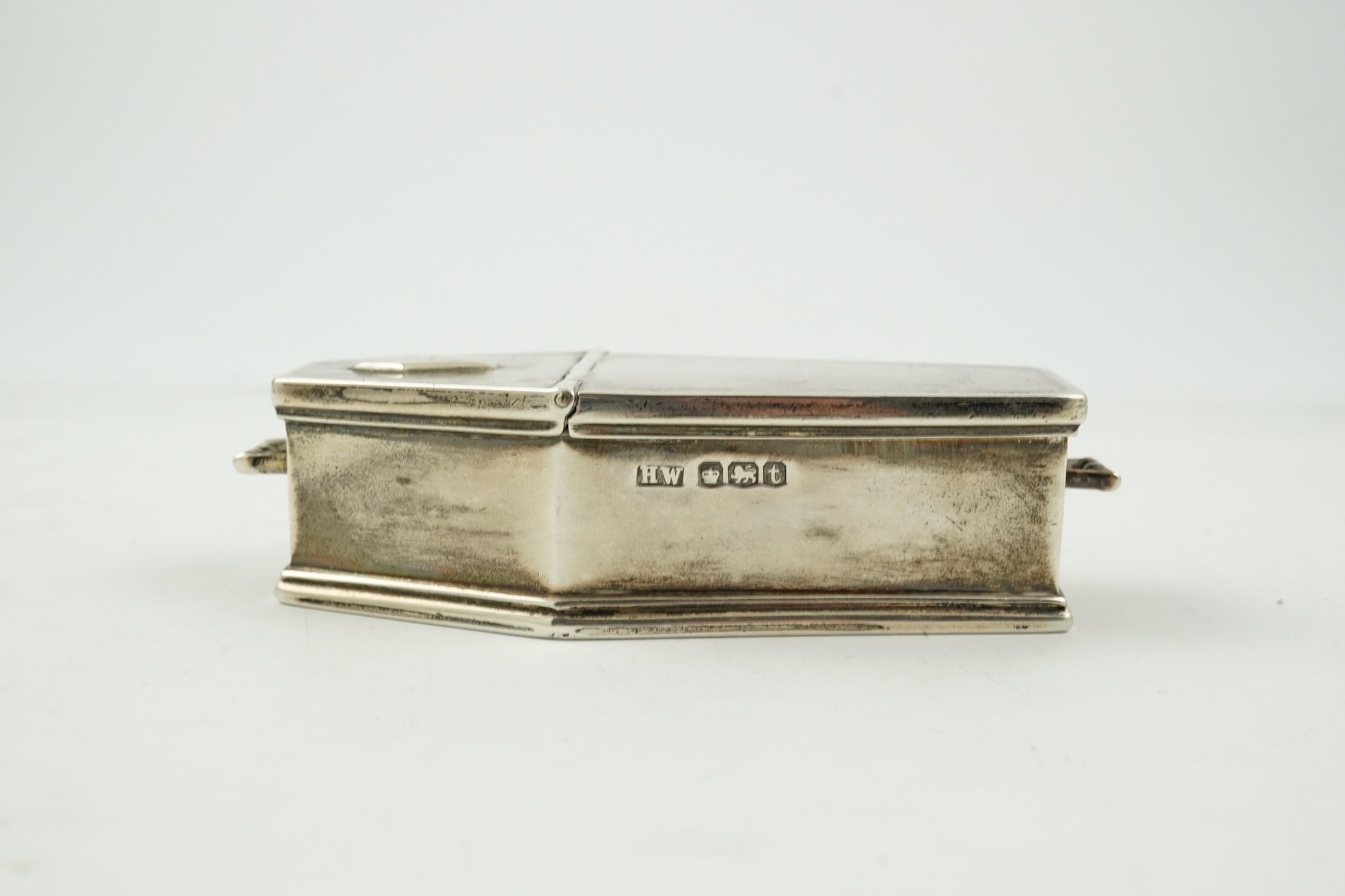 A George VI novelty silver snuff box, modelled as coffin with two handles and an 'RIP' appliqué, maker HW